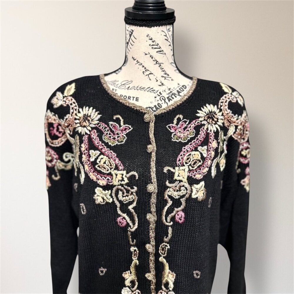 Heirloom Collectibles L Black‎ Floral Embroidered Cardigan Boho Cottage Y2K NWT - Picture 5 of 7